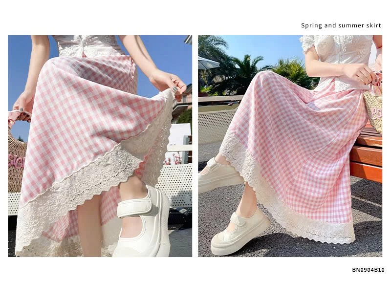 CHÂN VÁY CARO DÁNG RỘNG PHỐI REN