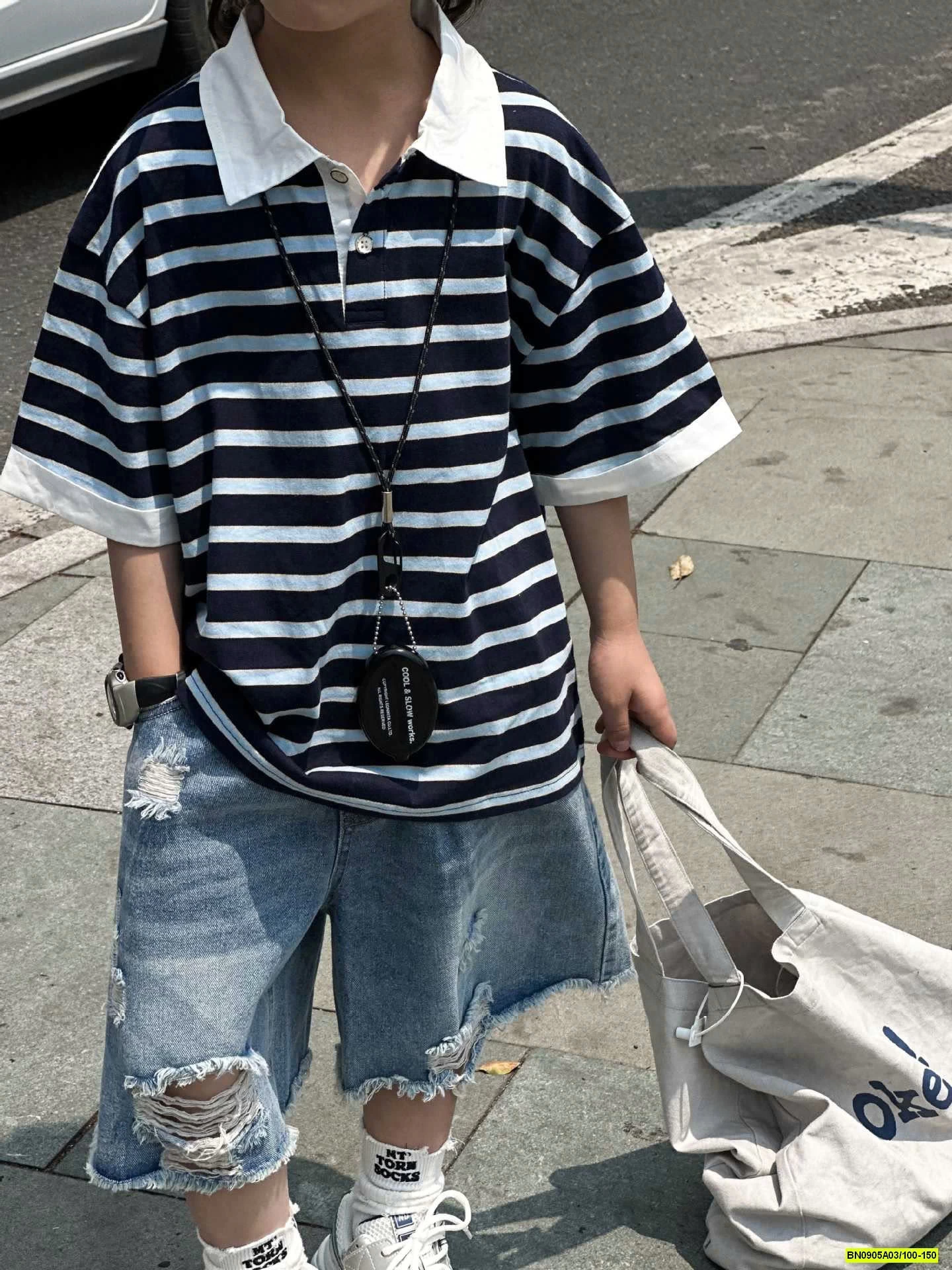 POLO KẺ NGANG MIX SHORT JEANS RÁCH