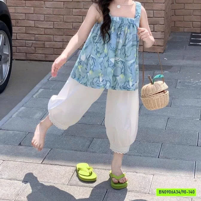 ÁO 2 DÂY HOA XANH MIX QUẦN BOOM LỠ