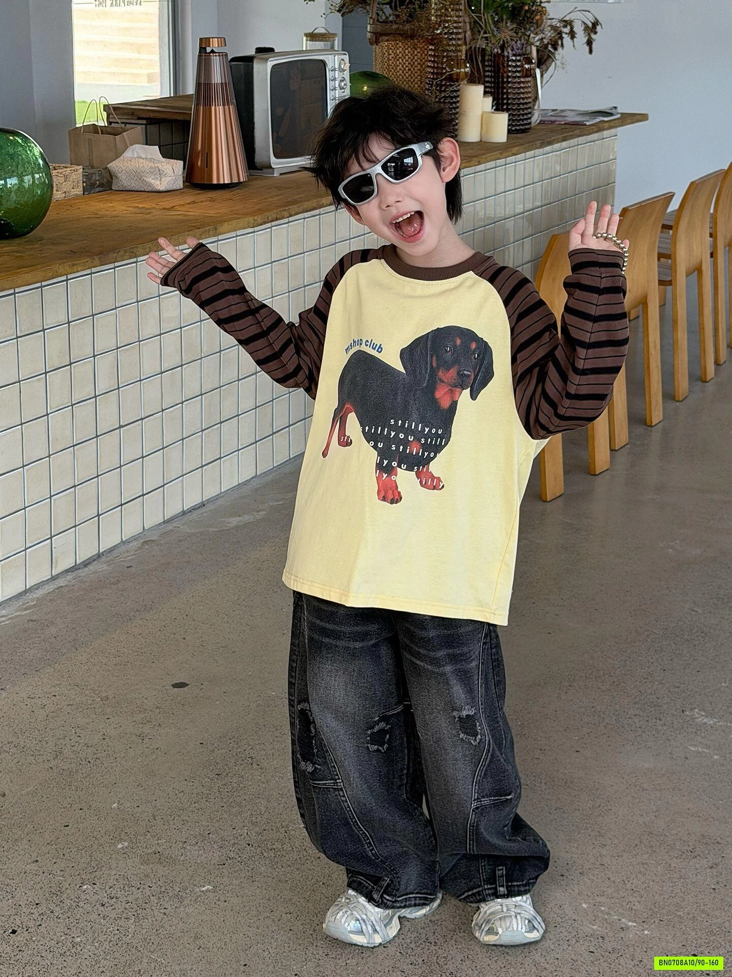 ÁO THUN CÚN PHỐI TAY KẺ NÂU MSHOPKIDS