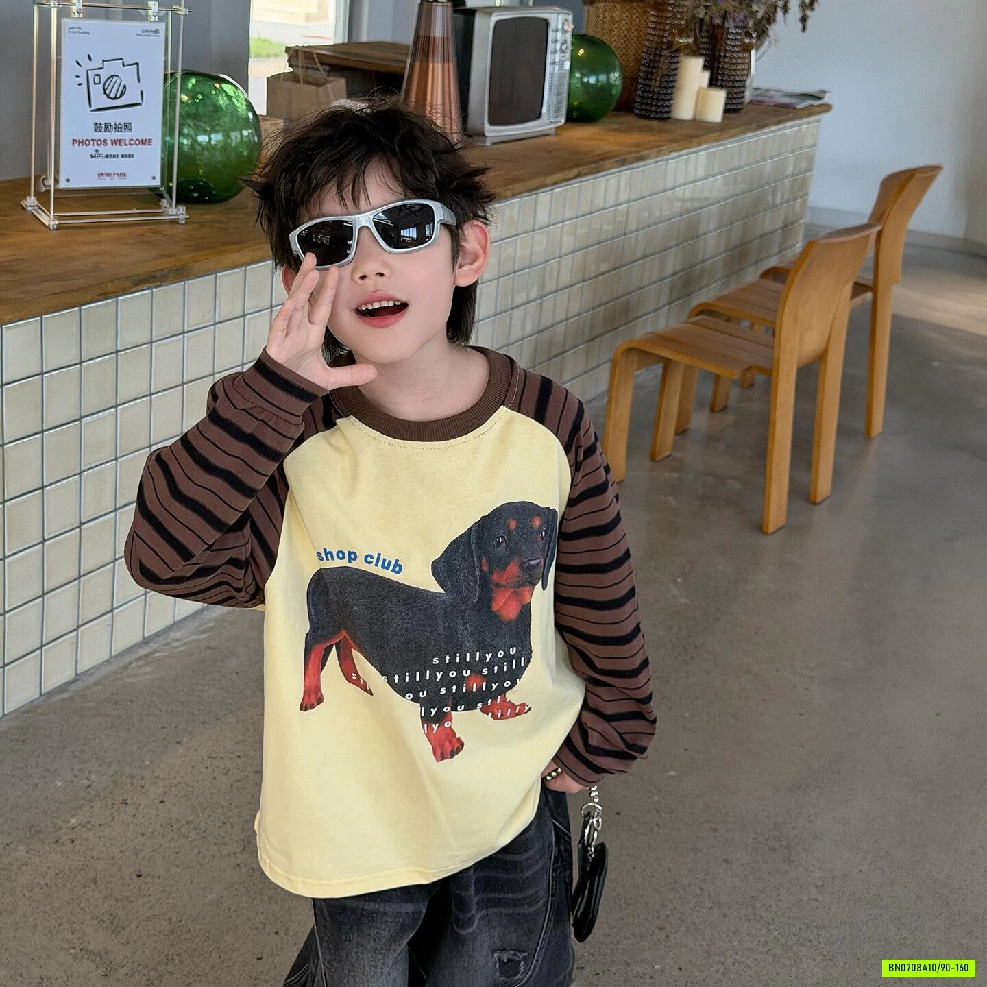 ÁO THUN CÚN PHỐI TAY KẺ NÂU MSHOPKIDS