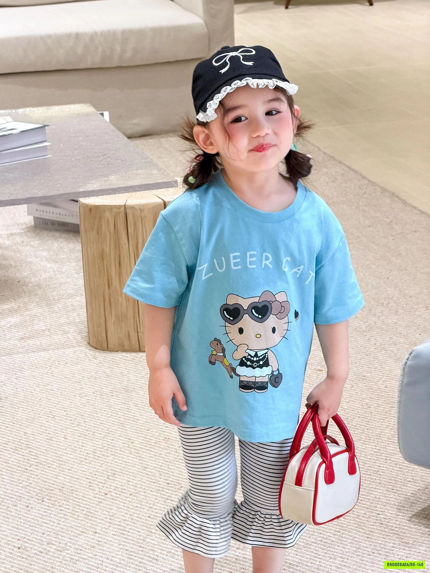 ÁO THUN MÈO XANH MIX LEGGING KẺ