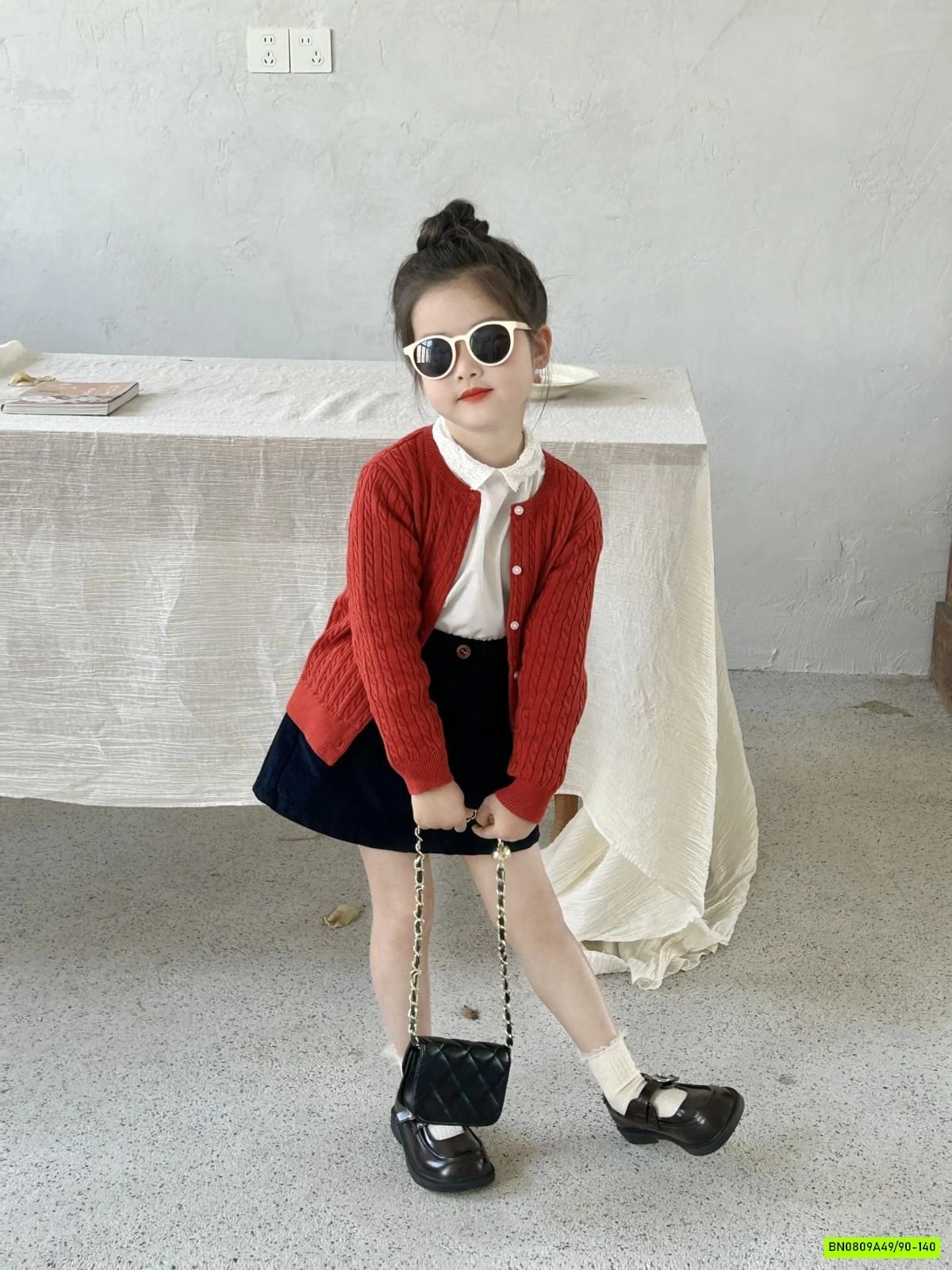 SÉT CARDIGAN LEN ĐỎ MIX CHÂN VÁY NHUNG