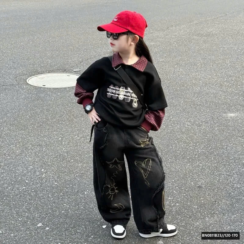 SÉT ÁO NỈ PHỐI CỔ MIX QUẦN JEAN ĐEN