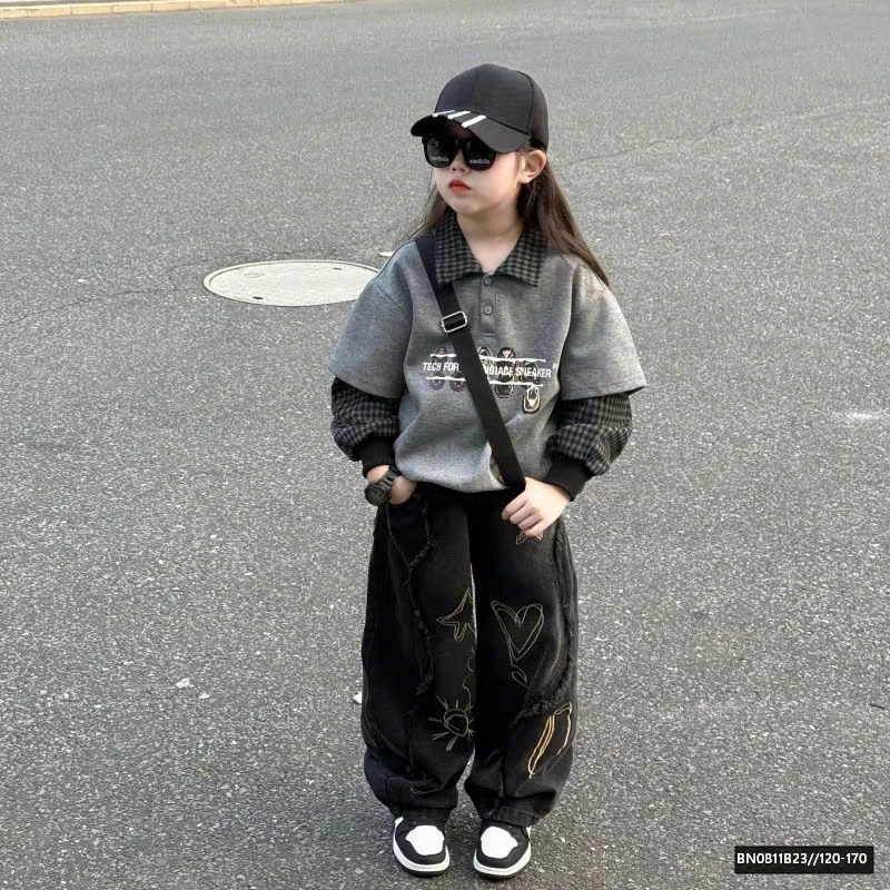 SÉT ÁO NỈ PHỐI CỔ MIX QUẦN JEAN ĐEN