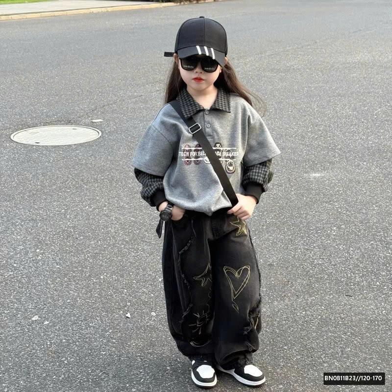 SÉT ÁO NỈ PHỐI CỔ MIX QUẦN JEAN ĐEN