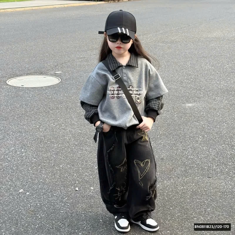 SÉT ÁO NỈ PHỐI CỔ MIX QUẦN JEAN ĐEN