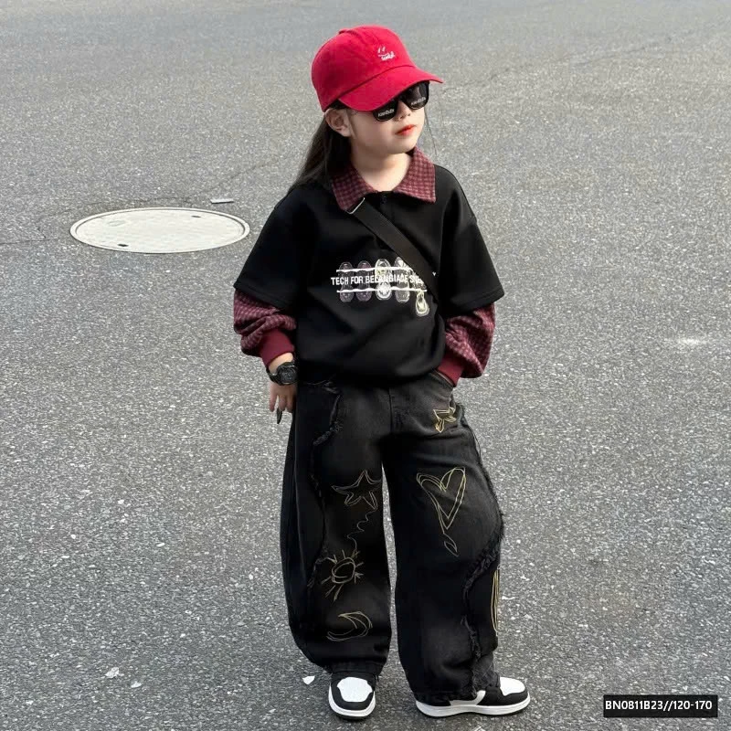 SÉT ÁO NỈ PHỐI CỔ MIX QUẦN JEAN ĐEN