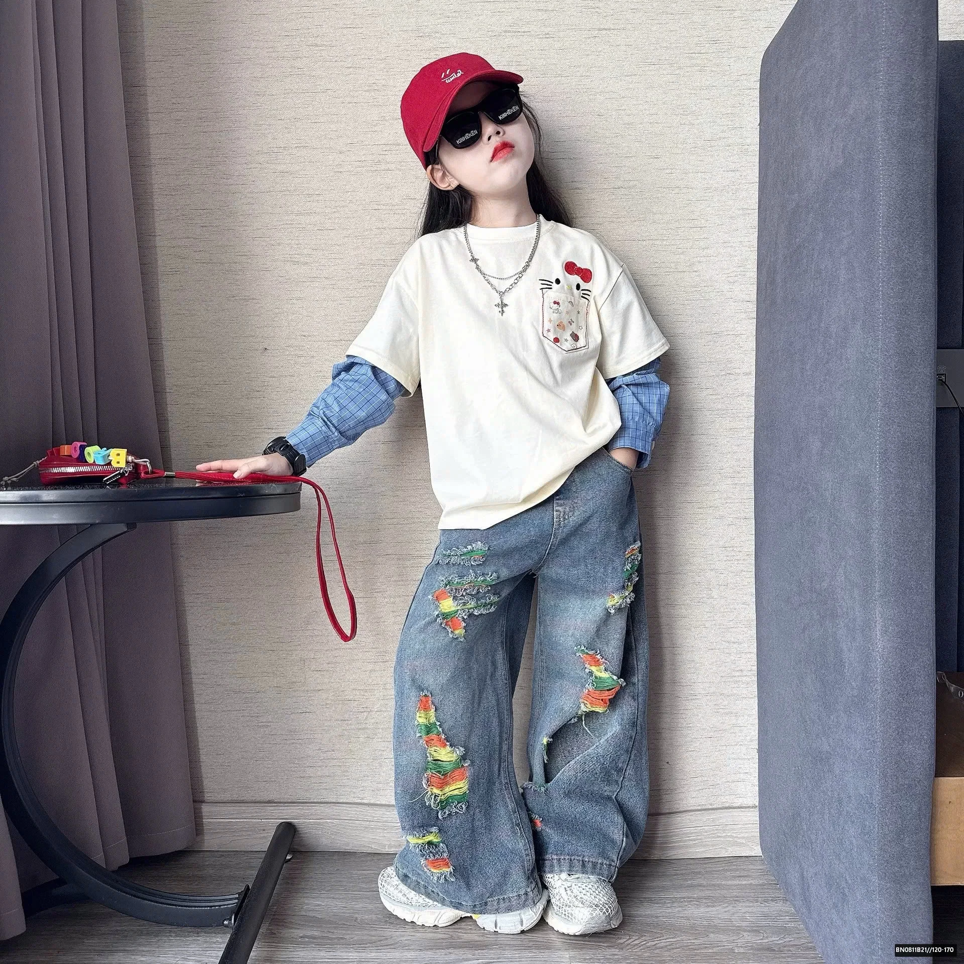 SÉT ÁO THUN TAY NỐI SƠ MI MIX QUẦN JEAN RÁCH SÁC MÀU