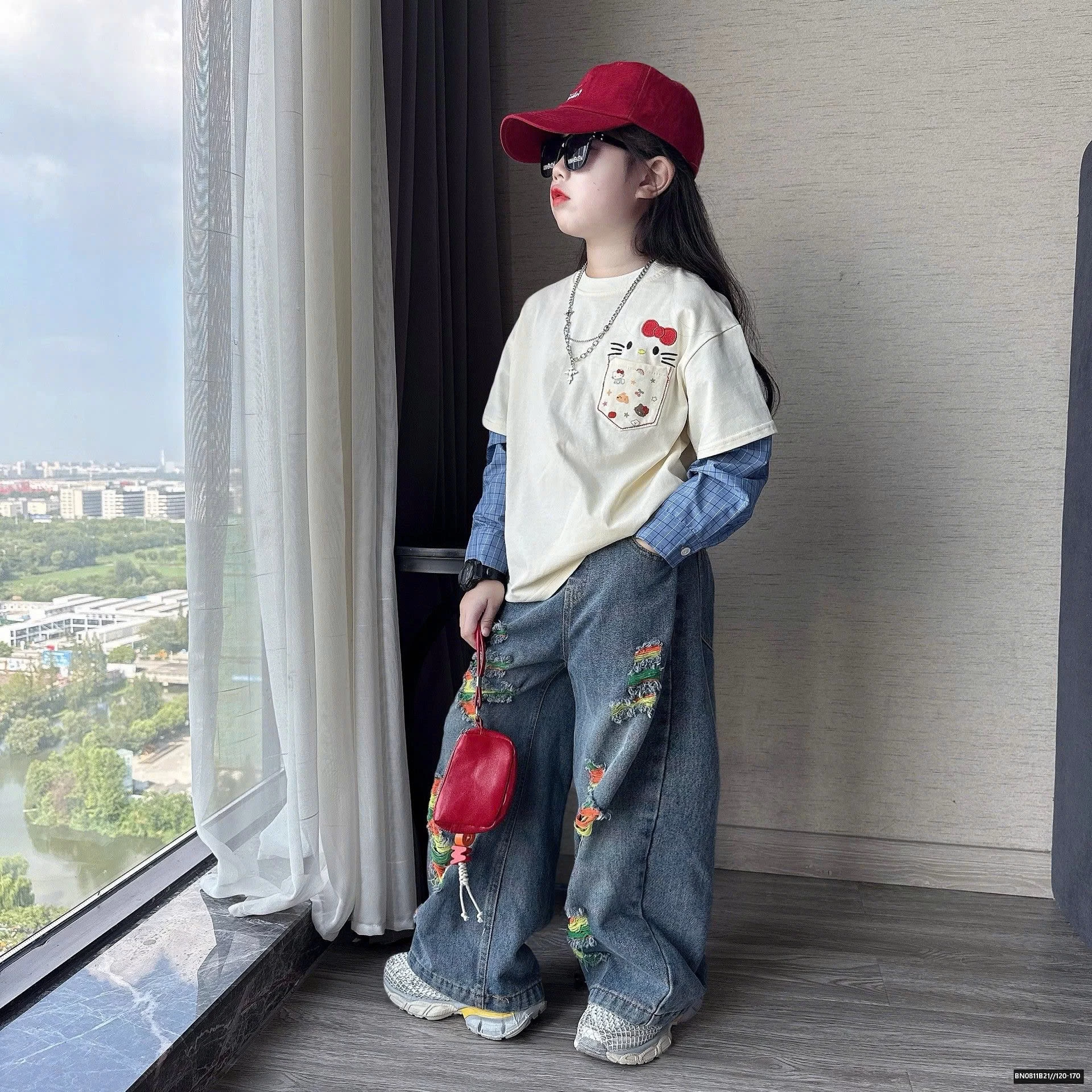 SÉT ÁO THUN TAY NỐI SƠ MI MIX QUẦN JEAN RÁCH SÁC MÀU