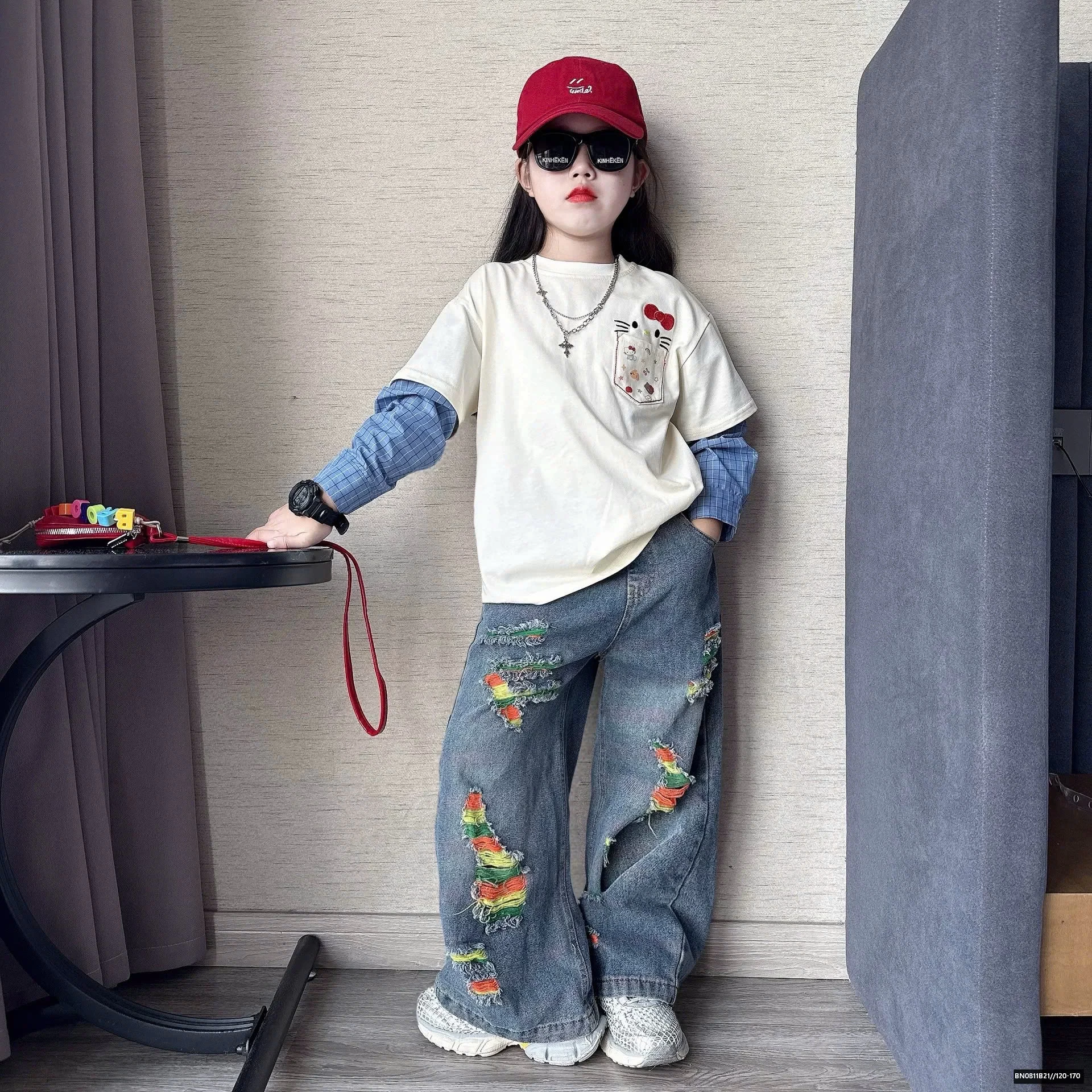 SÉT ÁO THUN TAY NỐI SƠ MI MIX QUẦN JEAN RÁCH SÁC MÀU