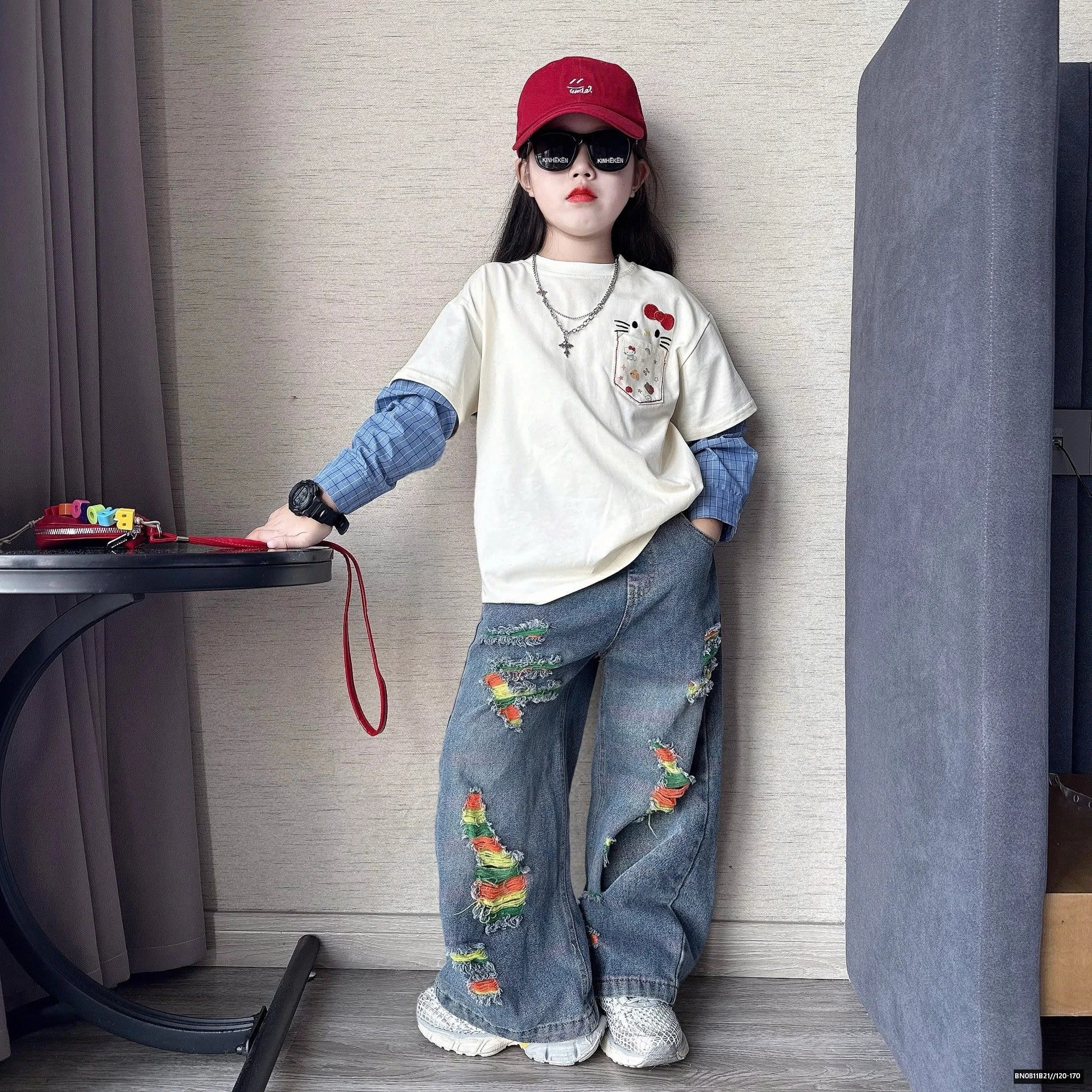 SÉT ÁO THUN TAY NỐI SƠ MI MIX QUẦN JEAN RÁCH SÁC MÀU