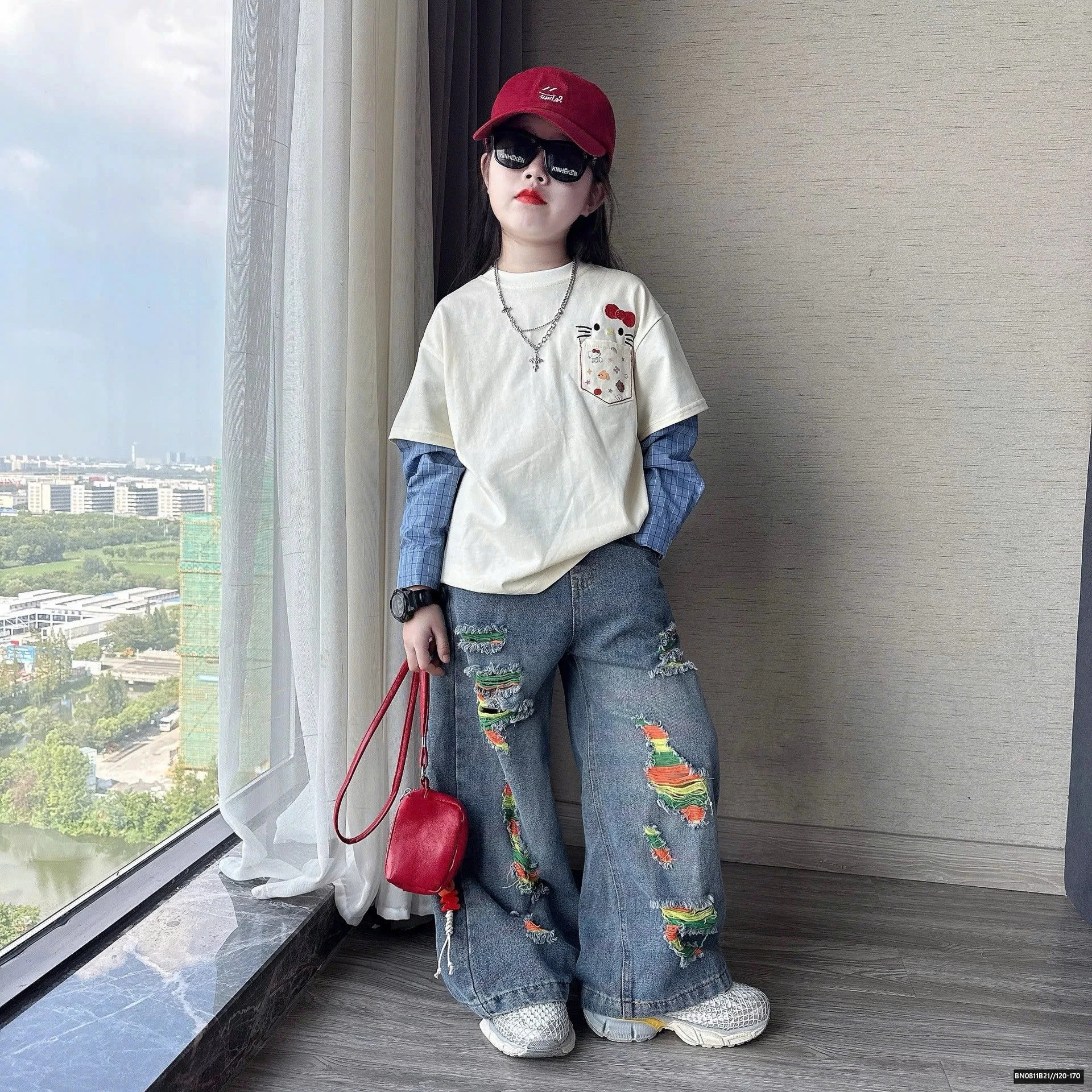 SÉT ÁO THUN TAY NỐI SƠ MI MIX QUẦN JEAN RÁCH SÁC MÀU