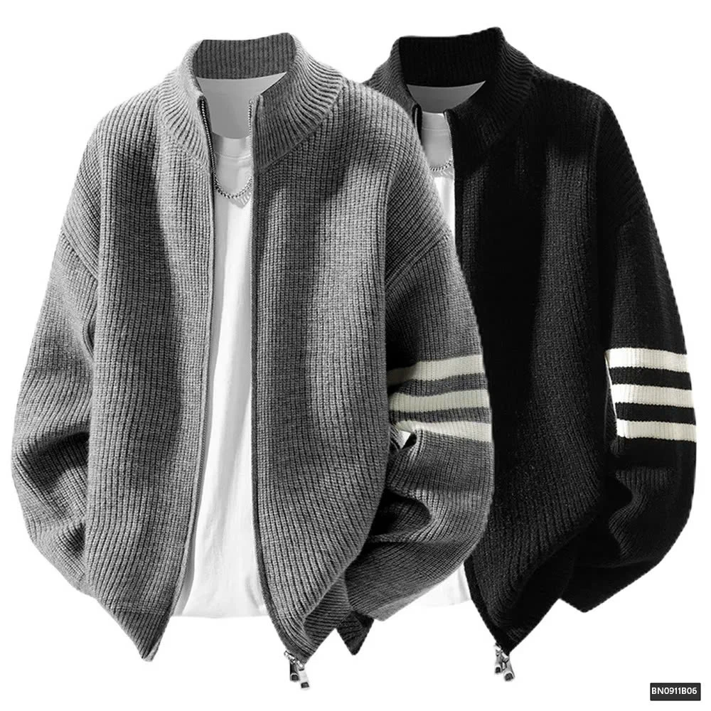 ÁO KHOÁC LEN NAM KÉO KHÓA KẺ TAY 3 SỌC