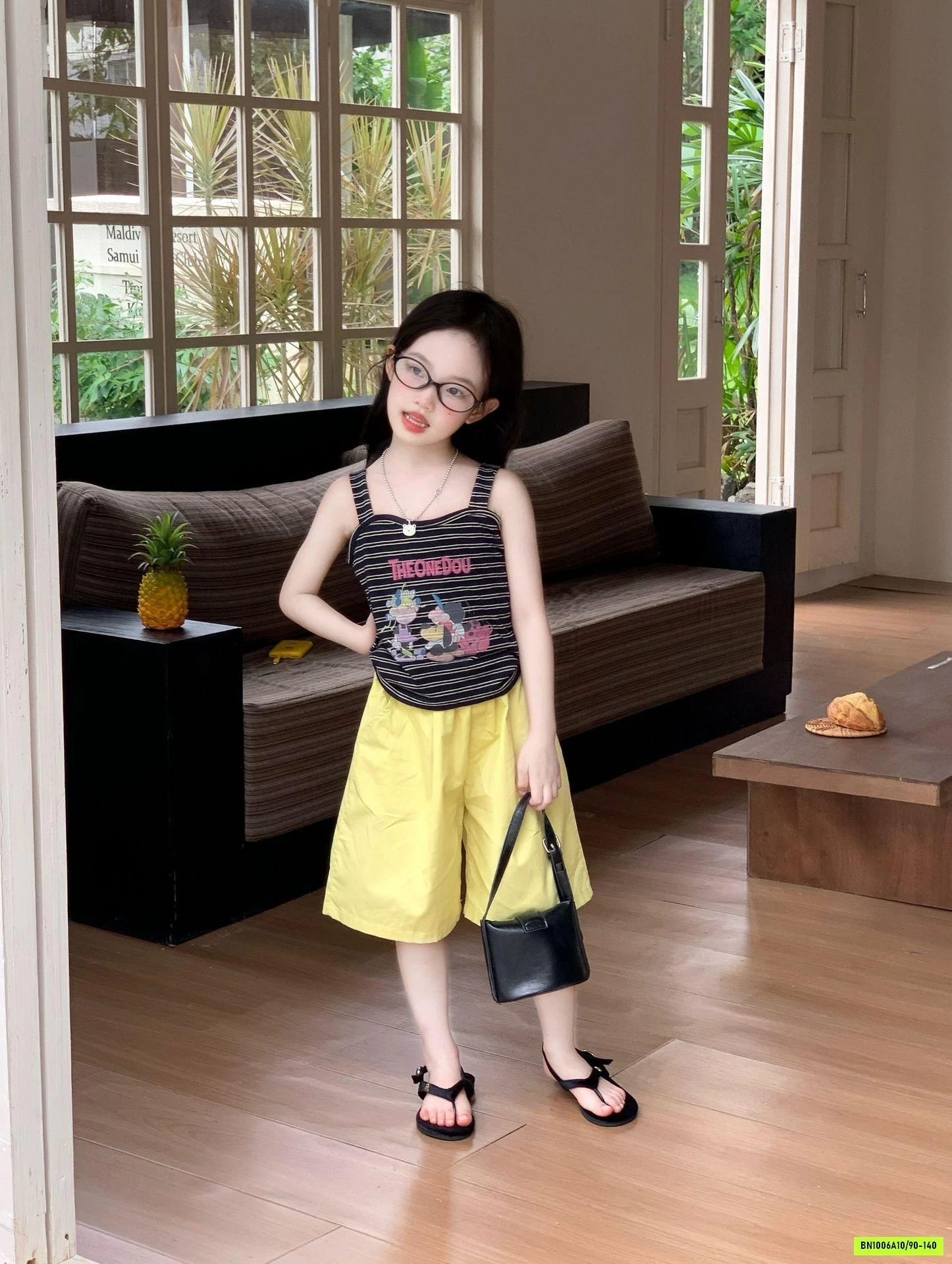 ÁO 2 DÂY KẺ MIX QUẦN LỬNG VÀNG
