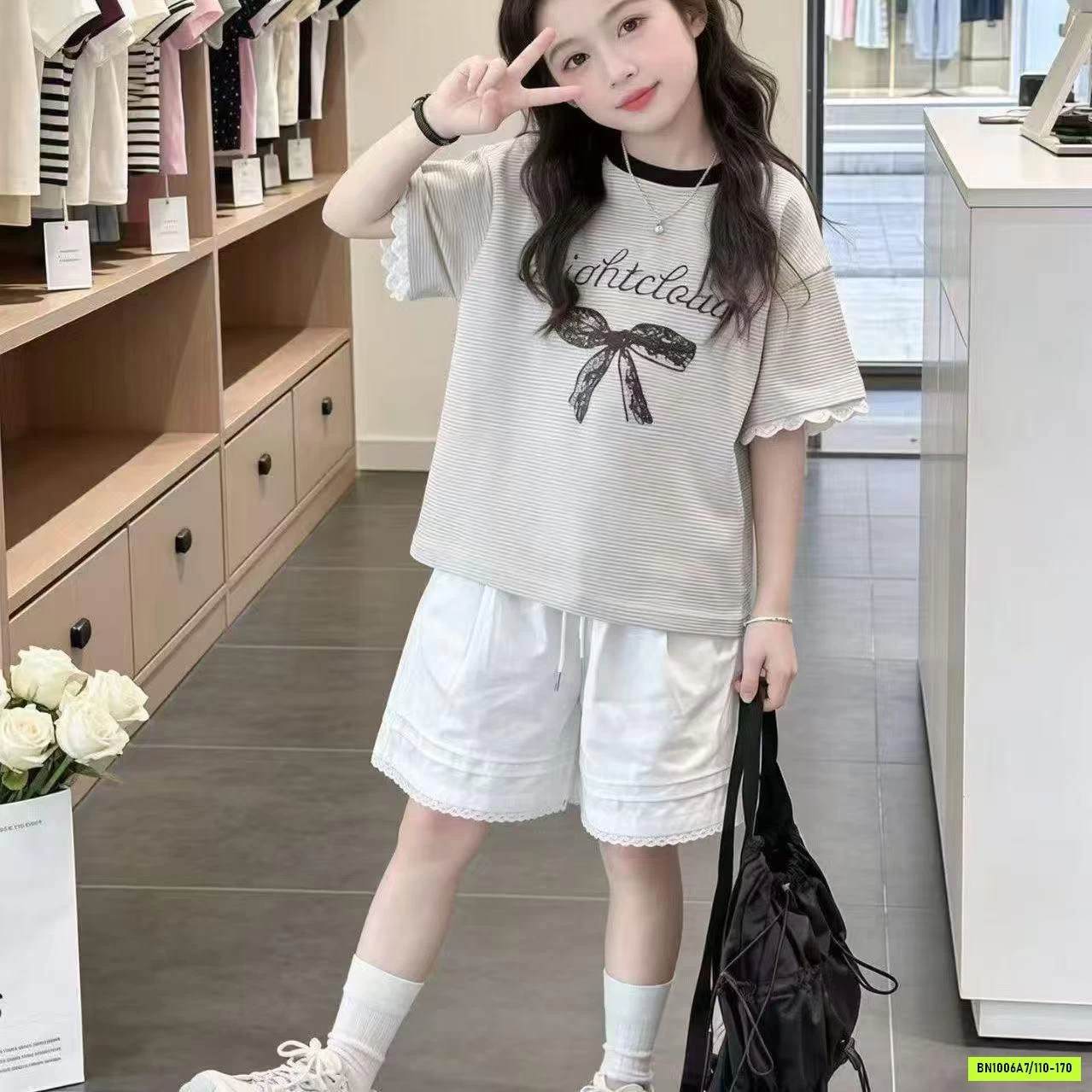 SÉT ÁO KẺ NƠ MIX SHORT TRẮNG