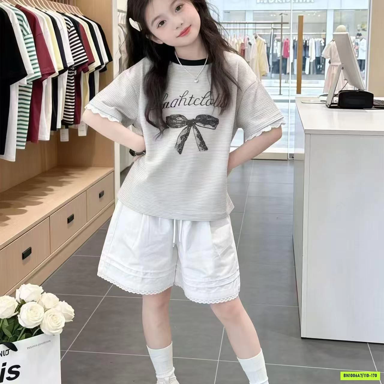 SÉT ÁO KẺ NƠ MIX SHORT TRẮNG