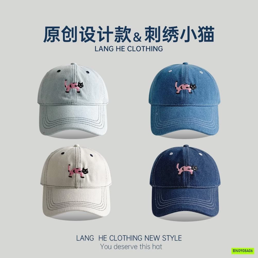 MŨ KẾT JEANS THÊU MÈO HỒNG