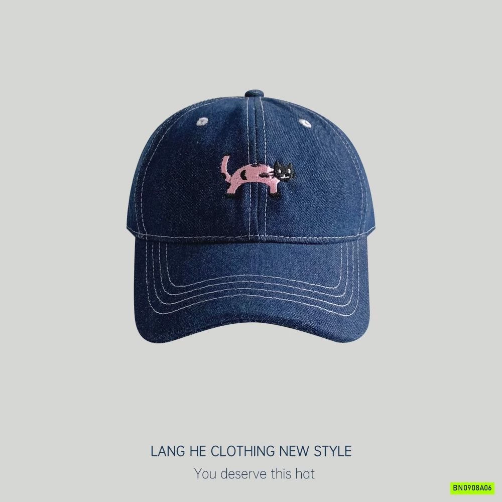 MŨ KẾT JEANS THÊU MÈO HỒNG