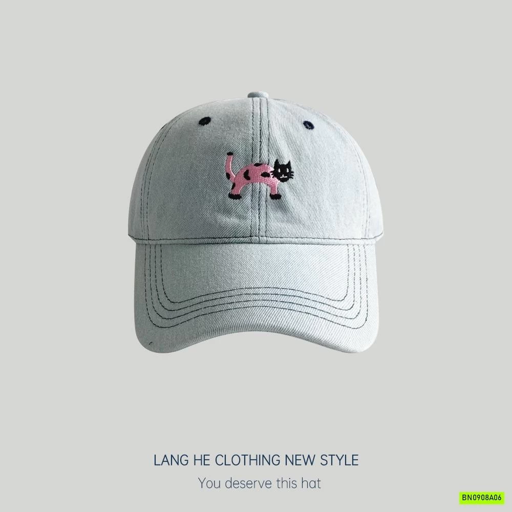 MŨ KẾT JEANS THÊU MÈO HỒNG