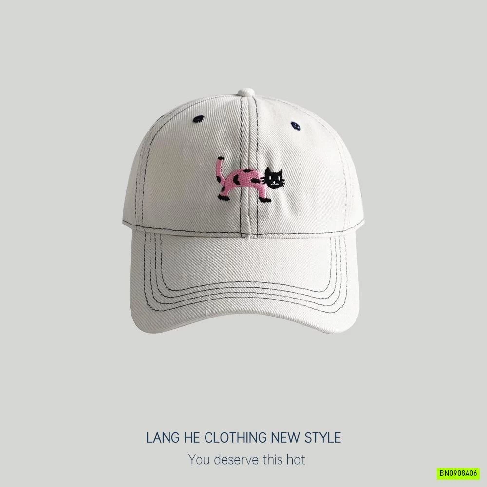 MŨ KẾT JEANS THÊU MÈO HỒNG