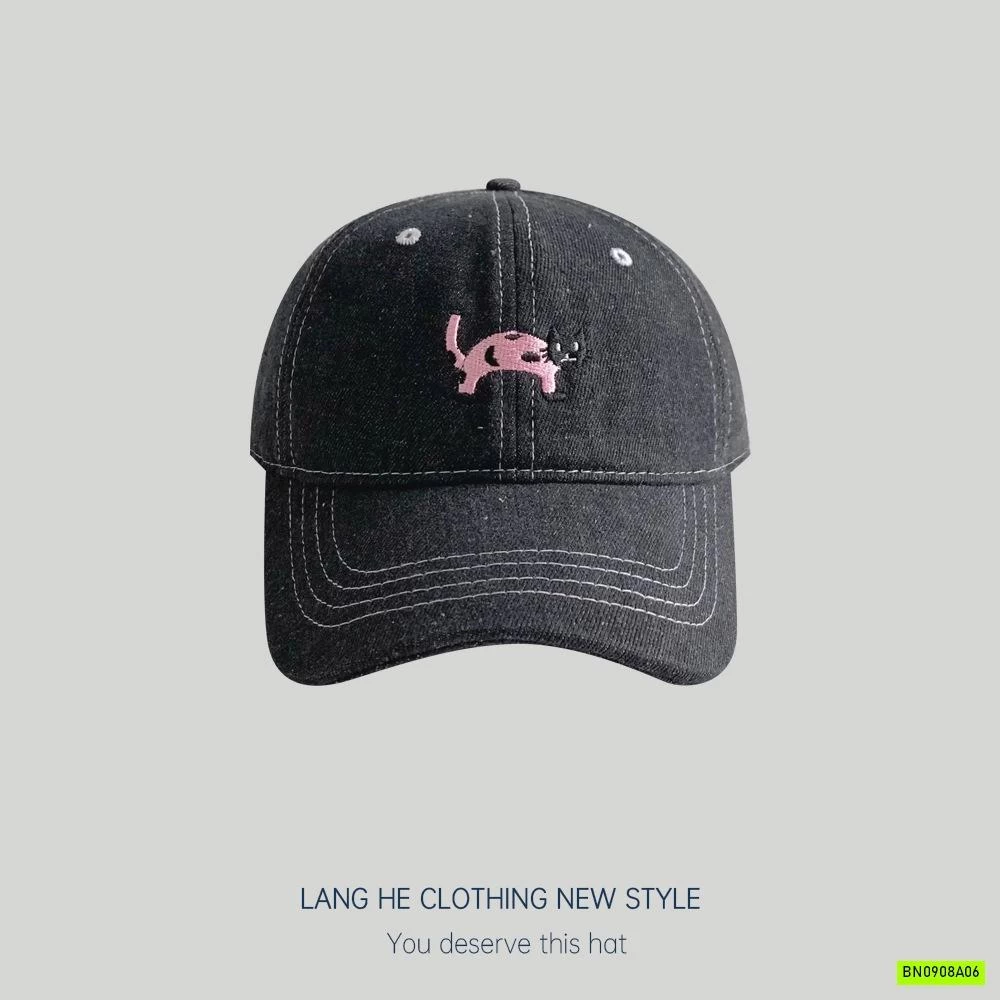 MŨ KẾT JEANS THÊU MÈO HỒNG