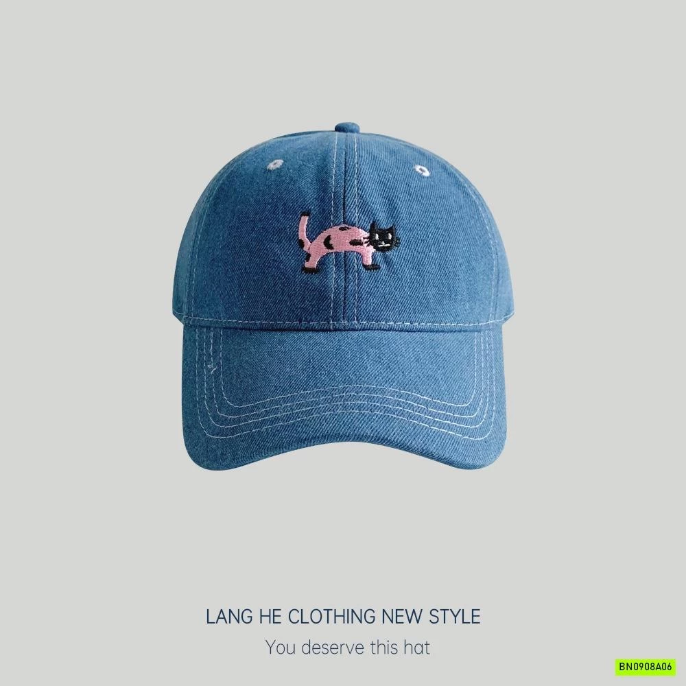 MŨ KẾT JEANS THÊU MÈO HỒNG