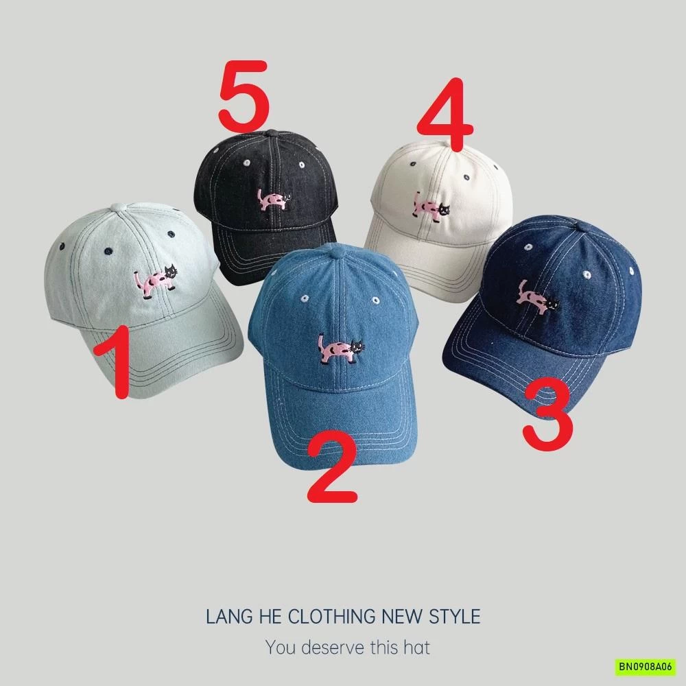 MŨ KẾT JEANS THÊU MÈO HỒNG