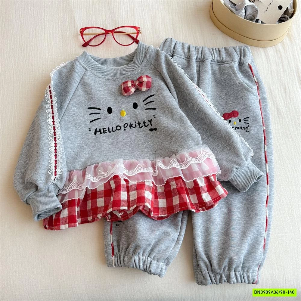 SÉT NỈ XÁM VIỀN CARO ĐỎ KITTY