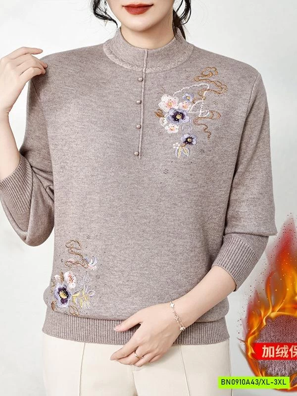 ÁO LEN TRUNG NIÊN CỔ 3P LÓT NHUNG THÊU HOA