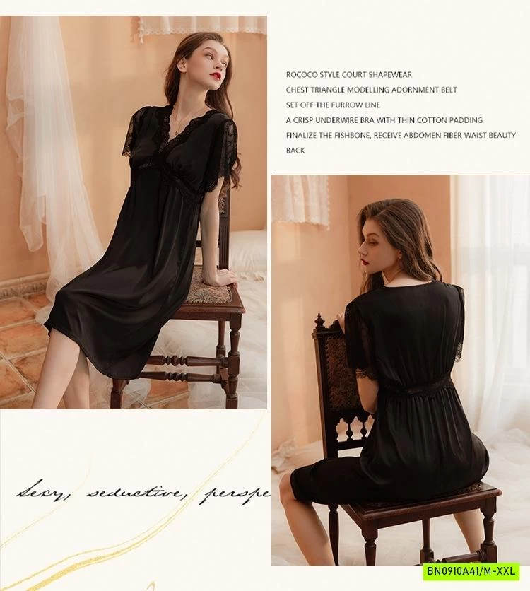 ĐẦM LỤA NGỦ PHỐI REN CỔ V