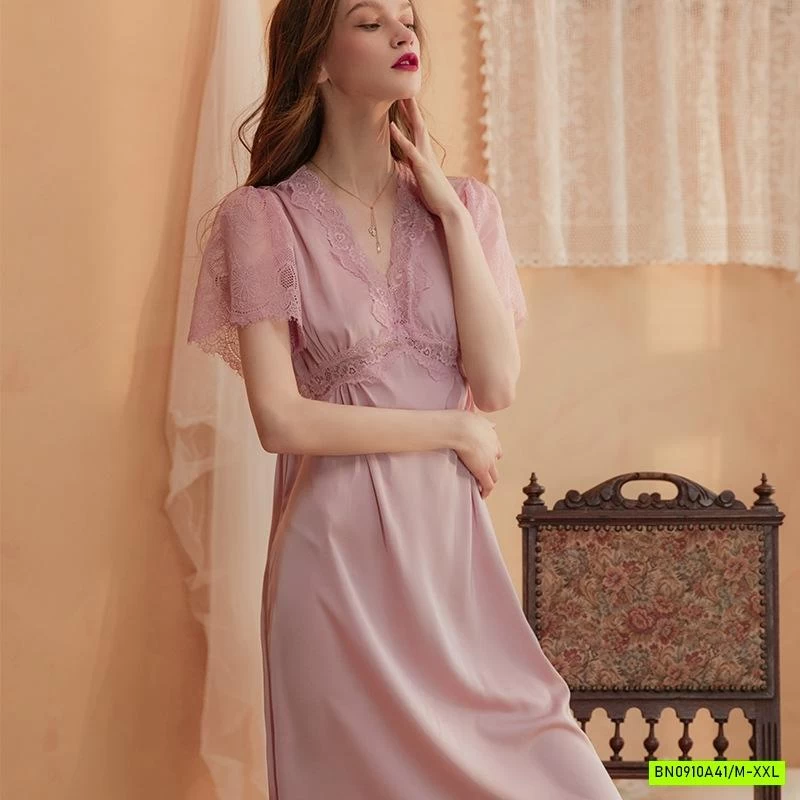 ĐẦM LỤA NGỦ PHỐI REN CỔ V