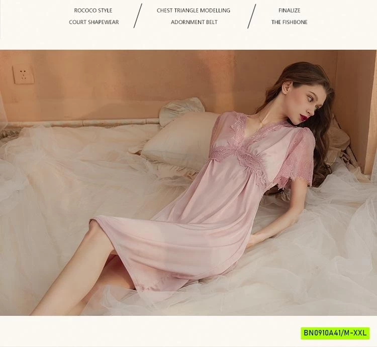 ĐẦM LỤA NGỦ PHỐI REN CỔ V