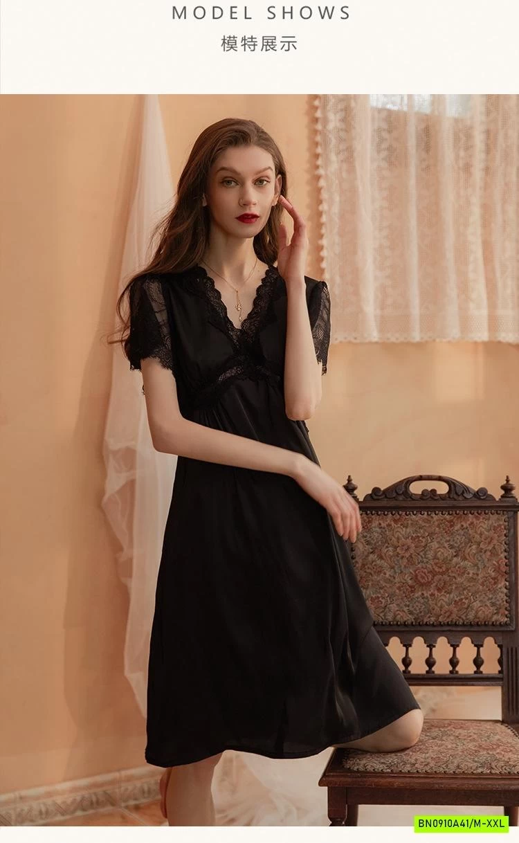 ĐẦM LỤA NGỦ PHỐI REN CỔ V