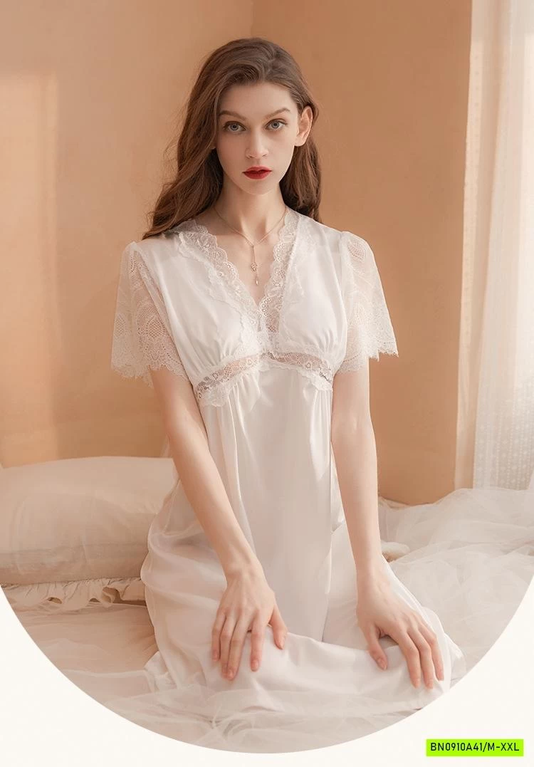 ĐẦM LỤA NGỦ PHỐI REN CỔ V