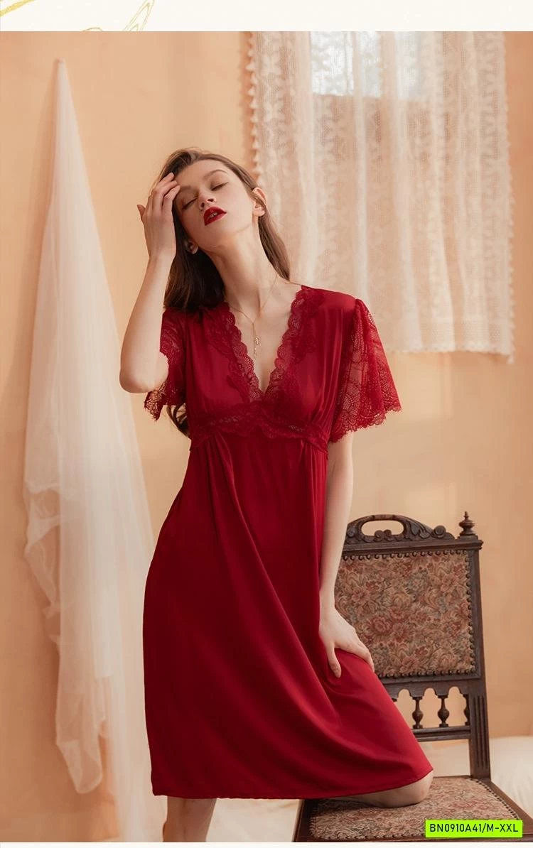 ĐẦM LỤA NGỦ PHỐI REN CỔ V