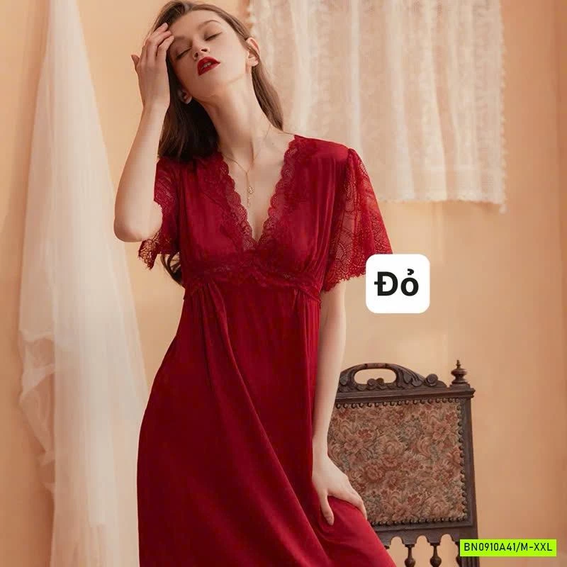 ĐẦM LỤA NGỦ PHỐI REN CỔ V