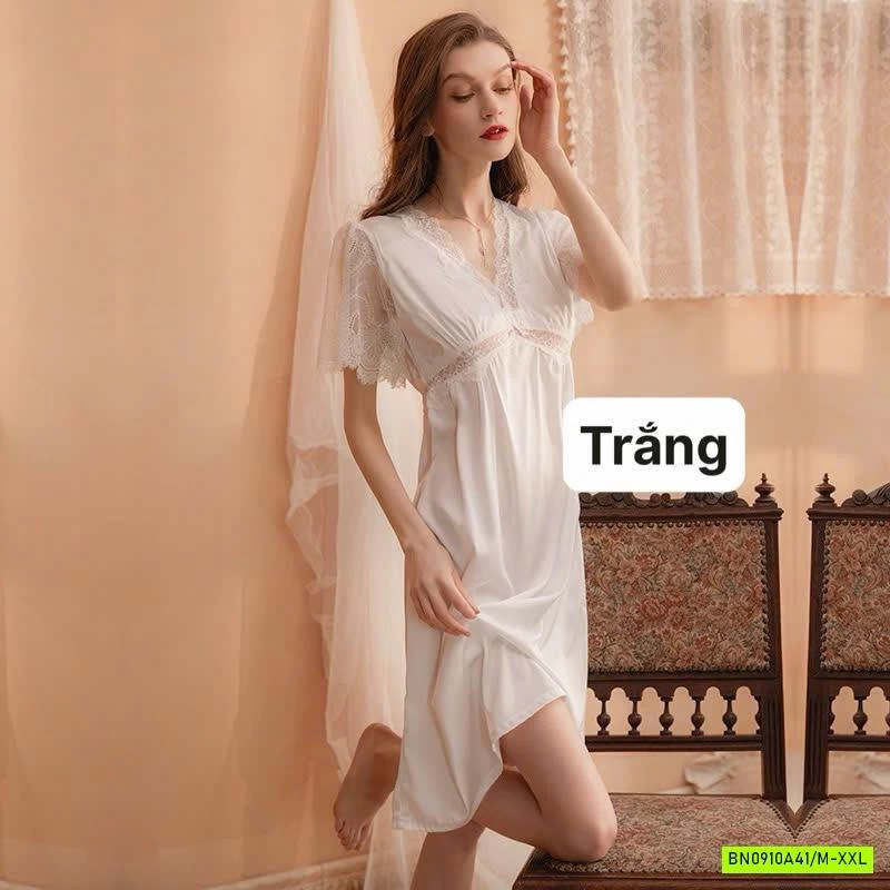 ĐẦM LỤA NGỦ PHỐI REN CỔ V