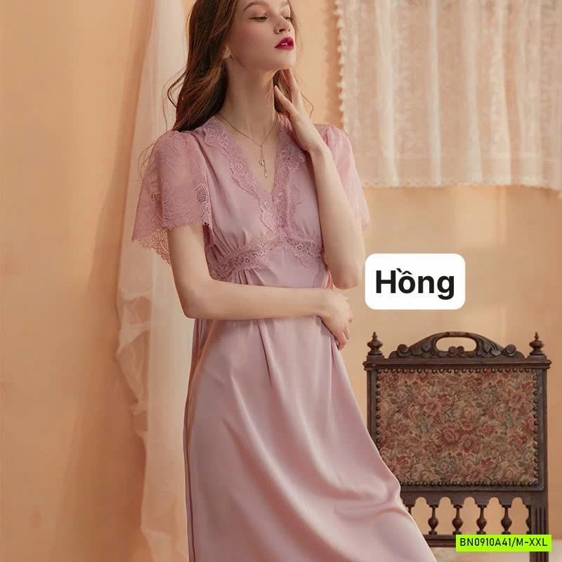 ĐẦM LỤA NGỦ PHỐI REN CỔ V