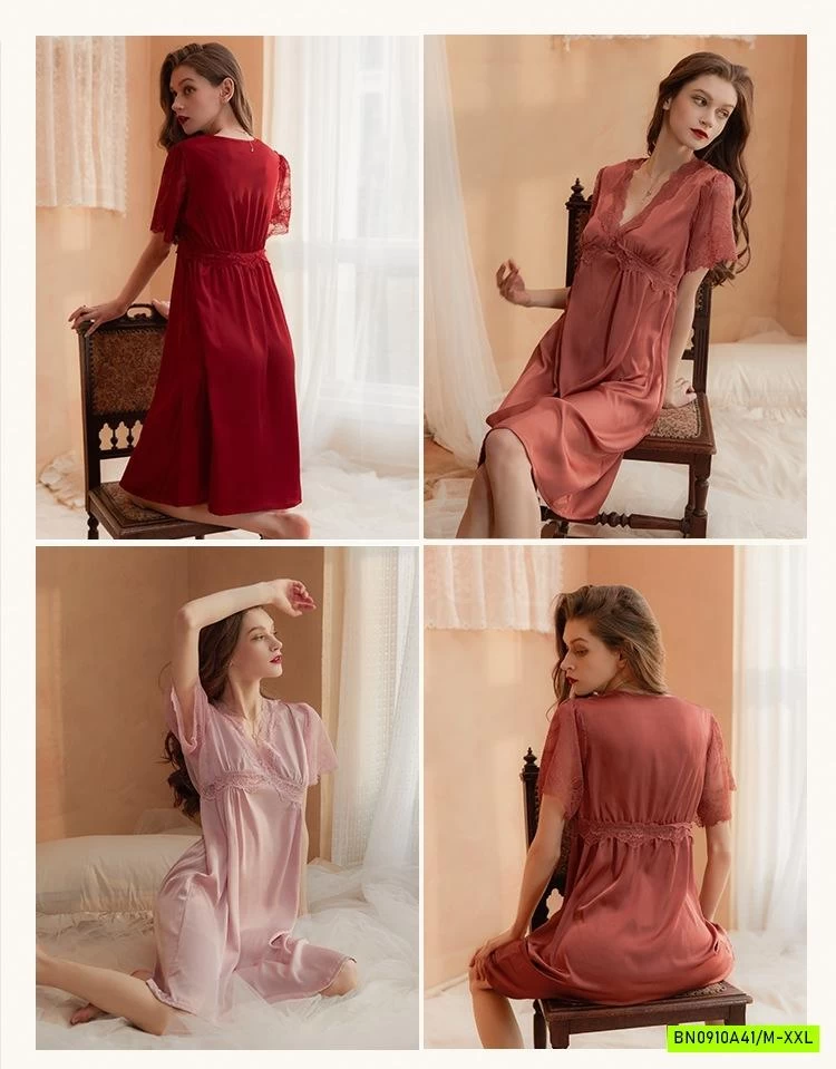 ĐẦM LỤA NGỦ PHỐI REN CỔ V