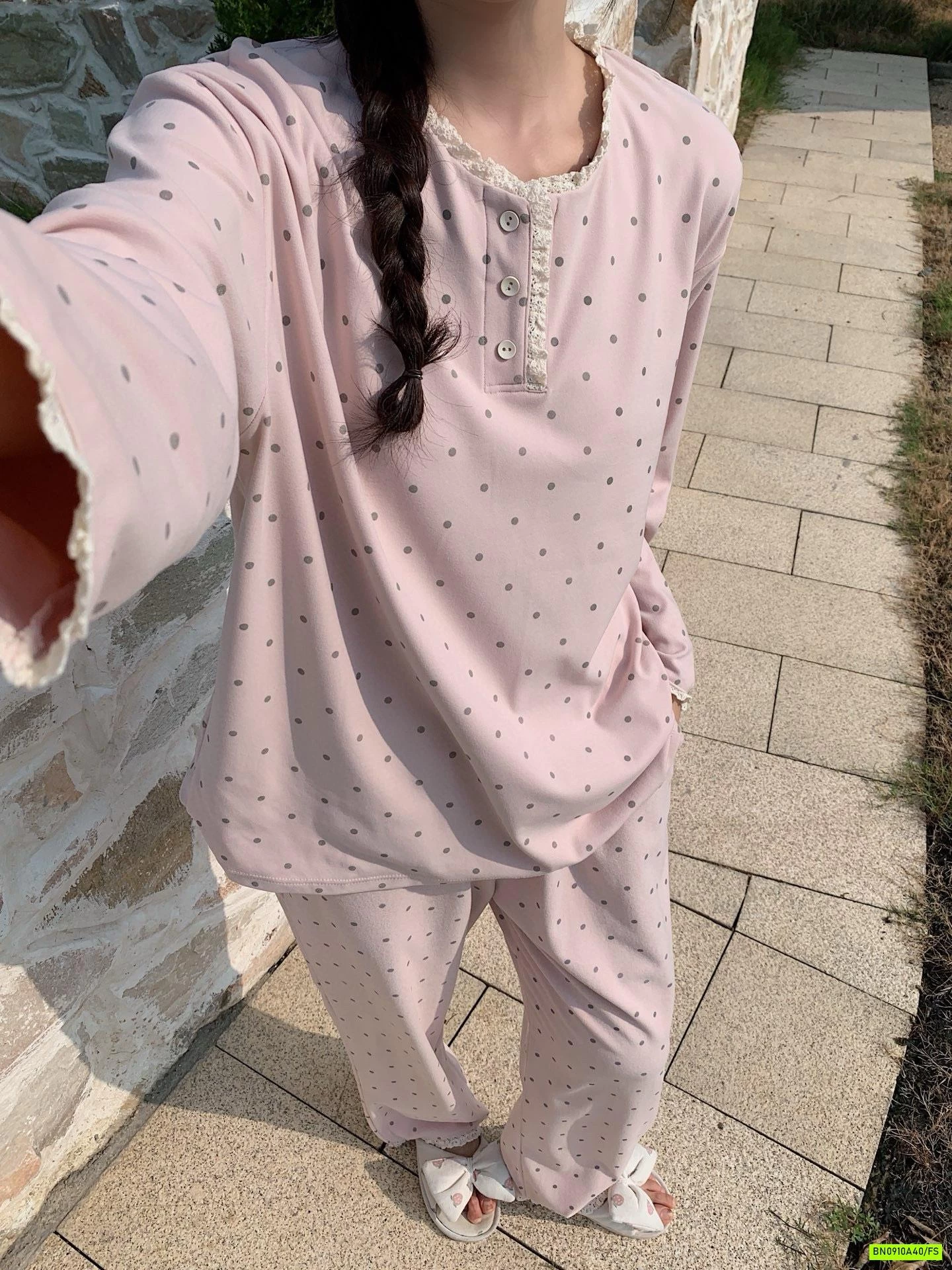 BỘ COTTON MẶC NHÀ CHẤM BI VIỀN REN