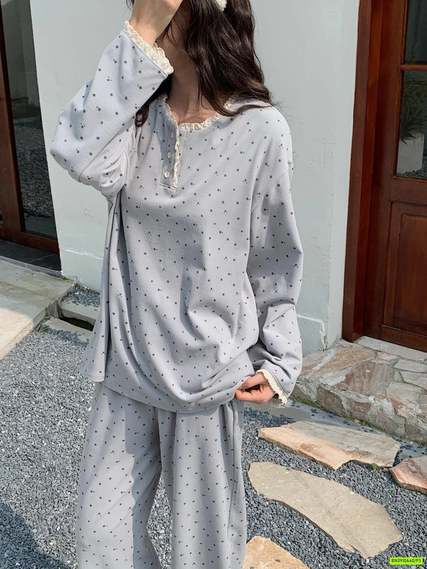 BỘ COTTON MẶC NHÀ CHẤM BI VIỀN REN