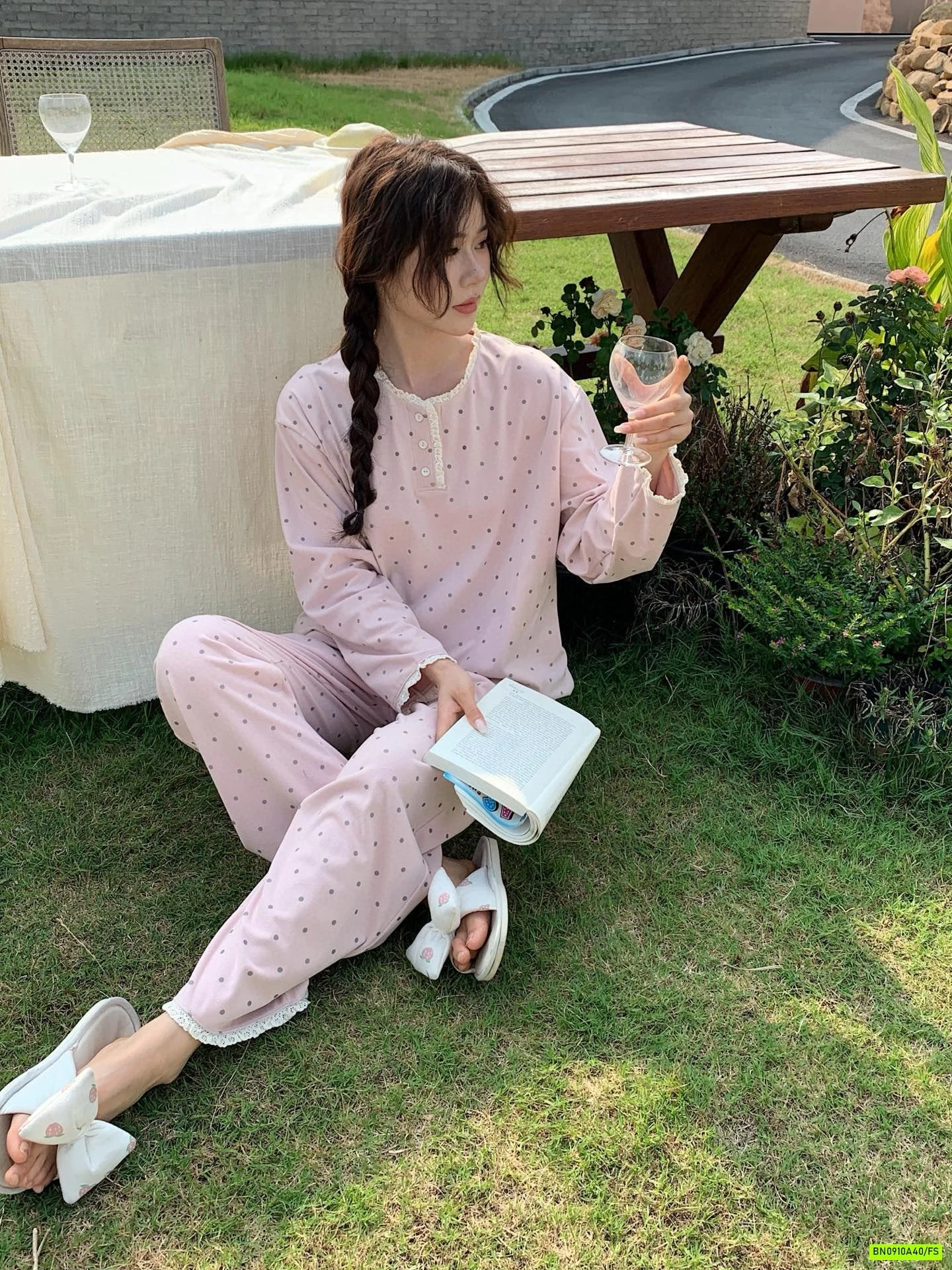 BỘ COTTON MẶC NHÀ CHẤM BI VIỀN REN