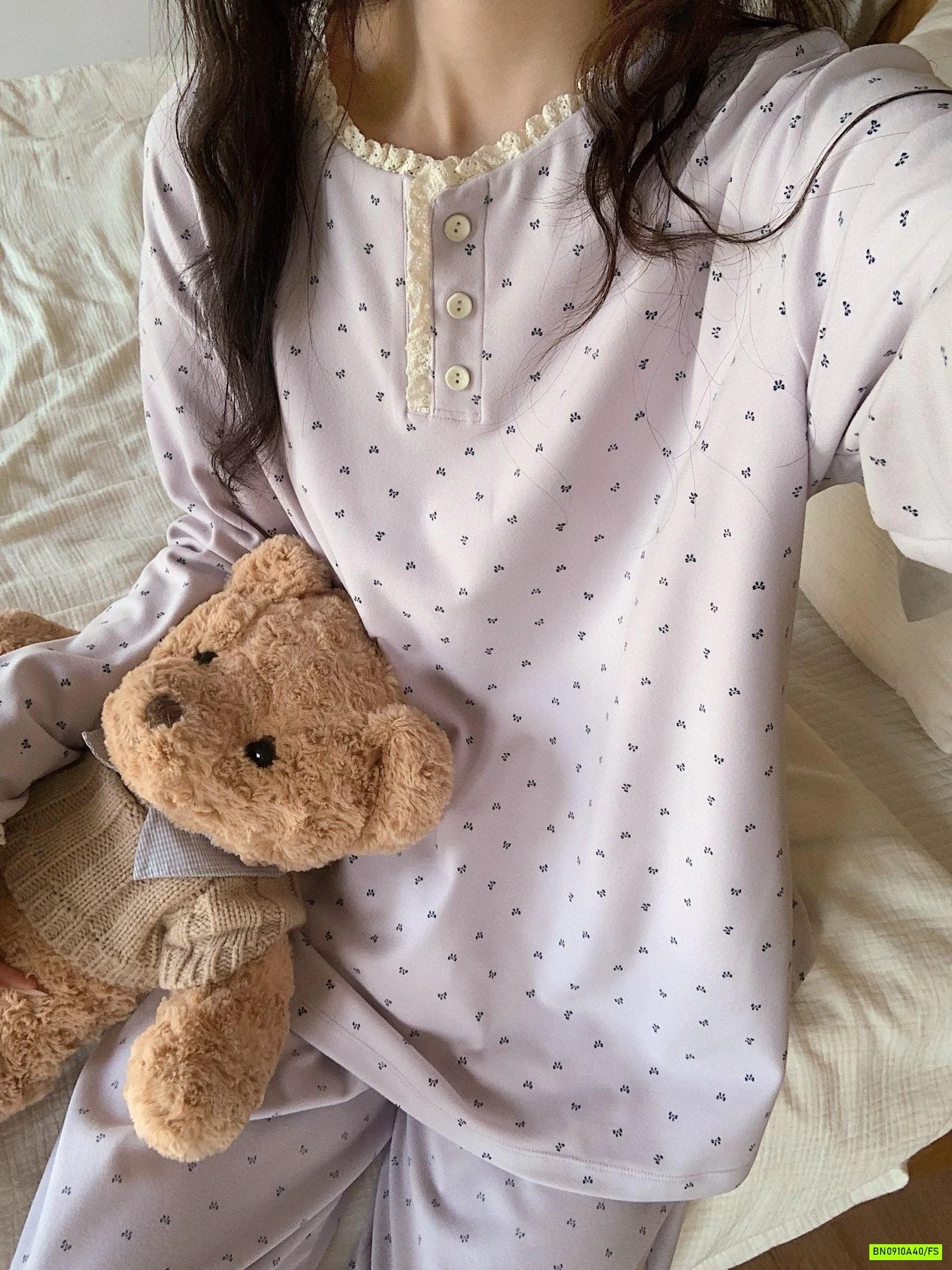 BỘ COTTON MẶC NHÀ CHẤM BI VIỀN REN