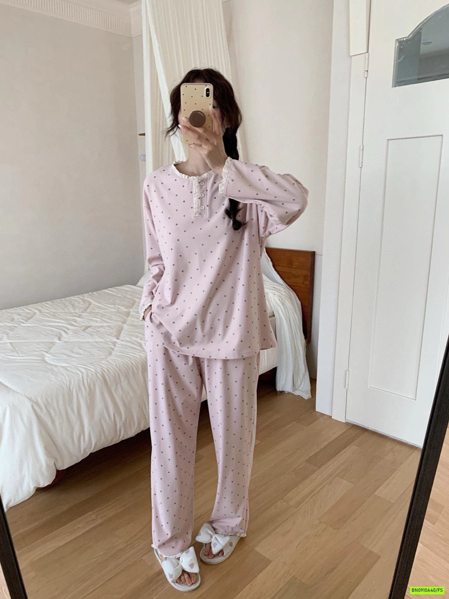 BỘ COTTON MẶC NHÀ CHẤM BI VIỀN REN