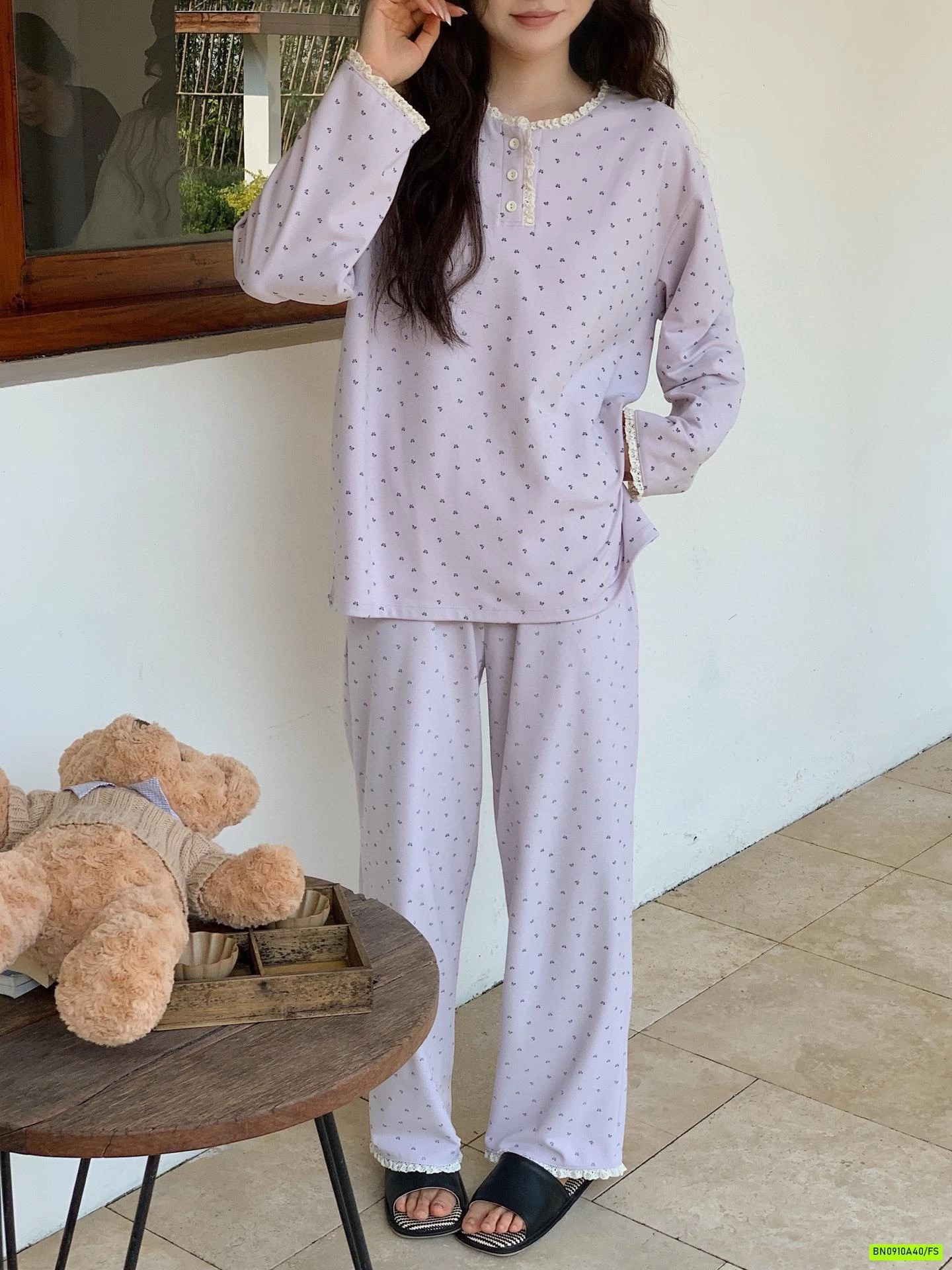 BỘ COTTON MẶC NHÀ CHẤM BI VIỀN REN