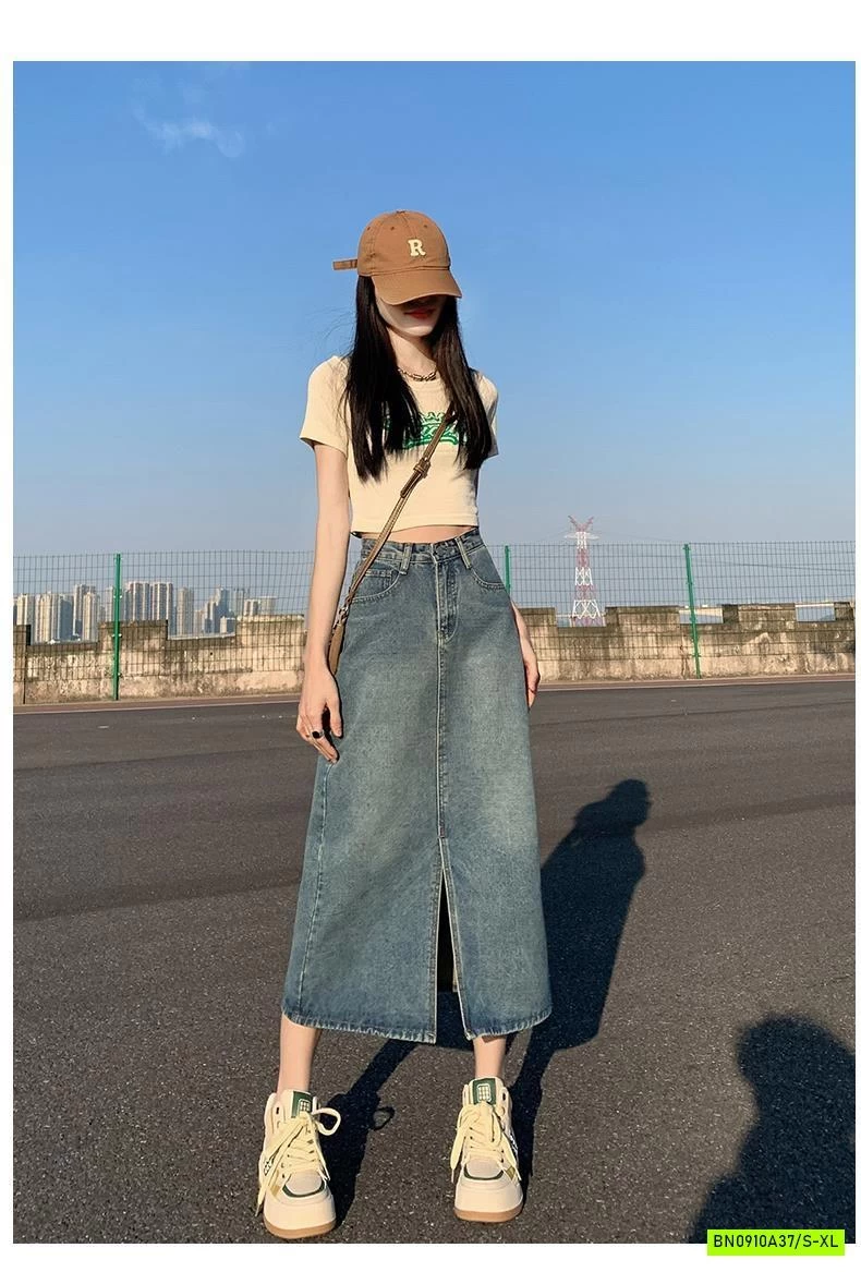 CHÂN VÁY JEANS DÁNG DÀI XẺ TRƯỚC
