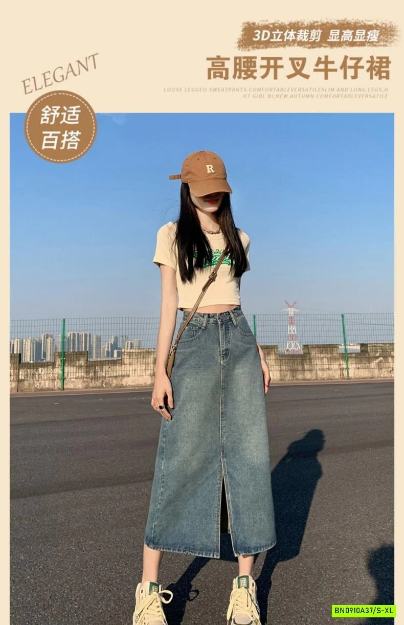 CHÂN VÁY JEANS DÁNG DÀI XẺ TRƯỚC