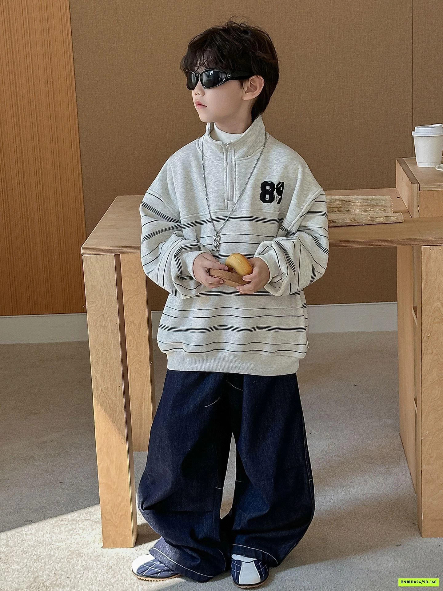 ÁO NỈ KẺ SỐ 89 LÓT NỈ MIX JEANS SUÔNG