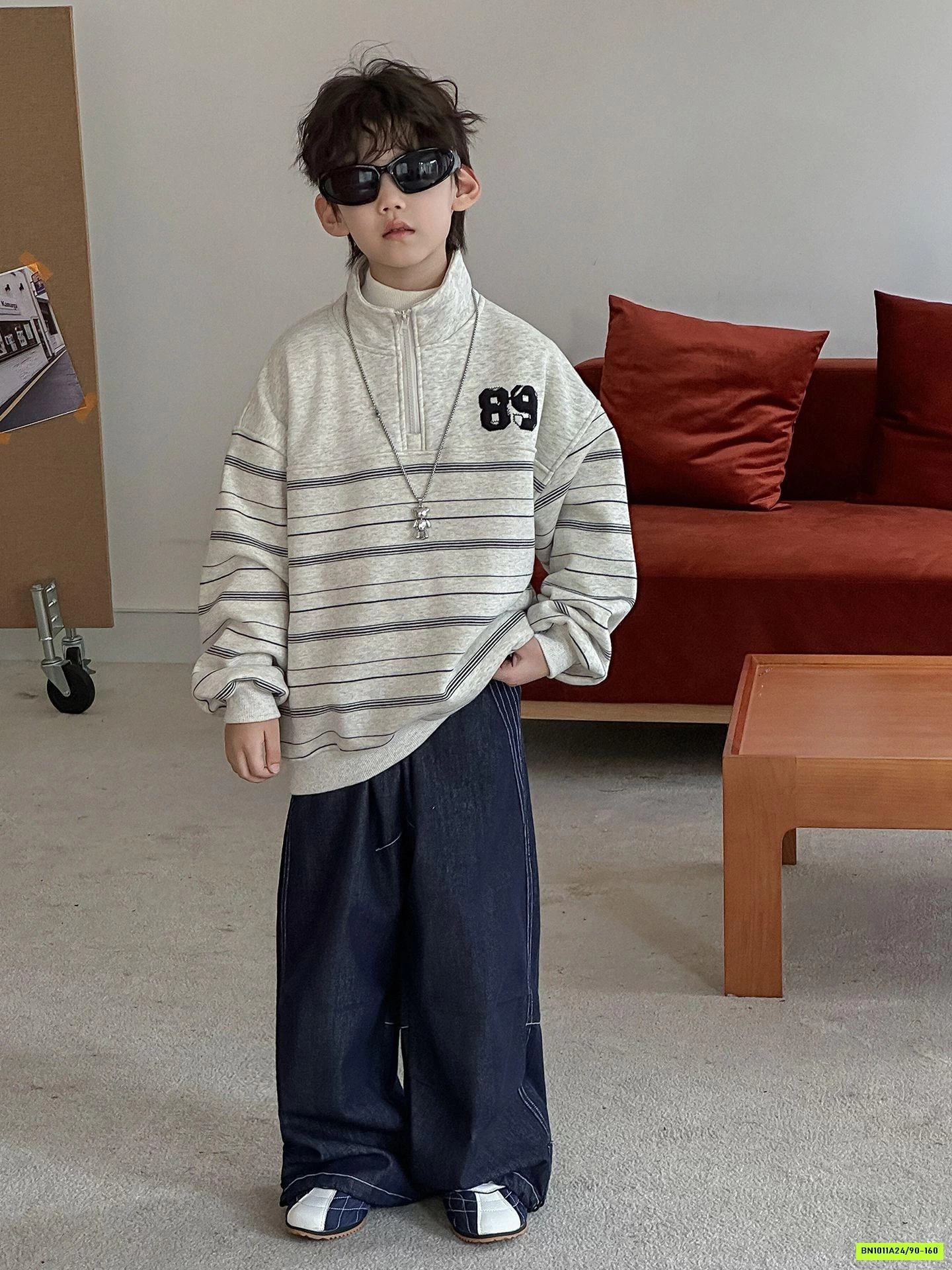 ÁO NỈ KẺ SỐ 89 LÓT NỈ MIX JEANS SUÔNG